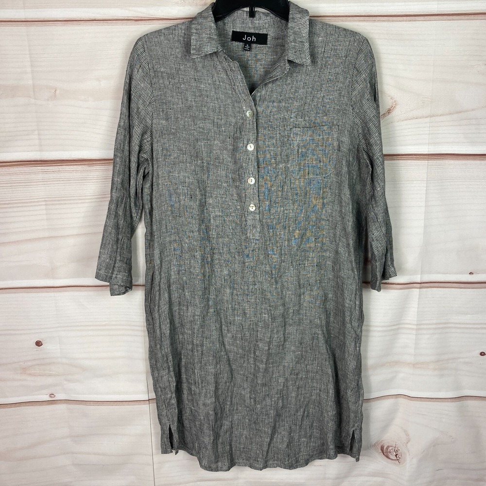 Joh Dress Womens S Gray Linen Shirt 1/4 Button 3/4 Sleeve Pullover Collar Solid